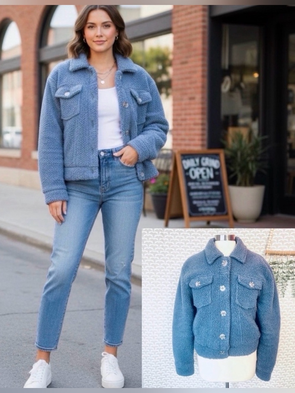 3/$22🩶 Ashley Vintage Charm Women’s Blue Fuzzy Jacket Teddy Jacket Top Medium